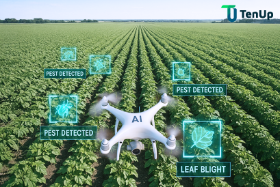 Drone scanning crop field with AI pest detection overlay​